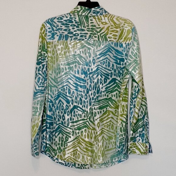 RUBY RD. Blue / Green Button Blouse; Roll Tab Long Sleeves; Shiny Fabric Size 12 - Picture 3 of 5
